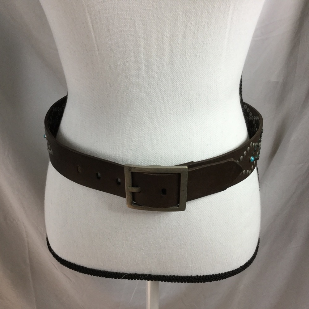 BROWN LEATHER BELT with Studs and Faux Turquoise S